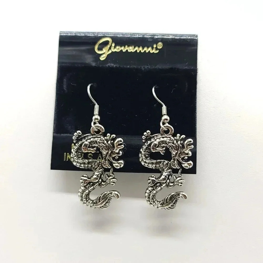 Giovanni Silver Tone Ornate Tibetan Dragon Dangle Earrings